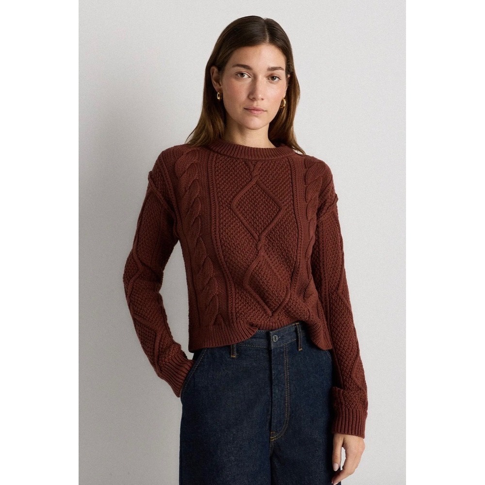 Quince 100% Organic Cotton Cropped Cable Crew Brown S